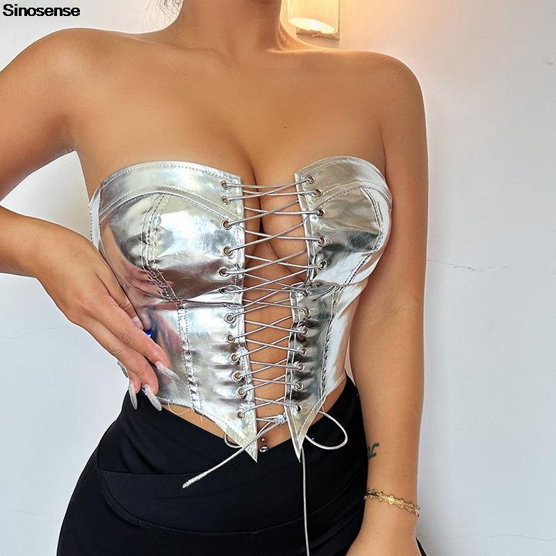 Strapless Bra Backless - Kobiety PU Leather Bustier Crop Tube