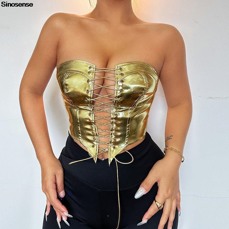 Kobiety PU Leather Bustier Cro – Strapless Bra Backless recenzja i cena